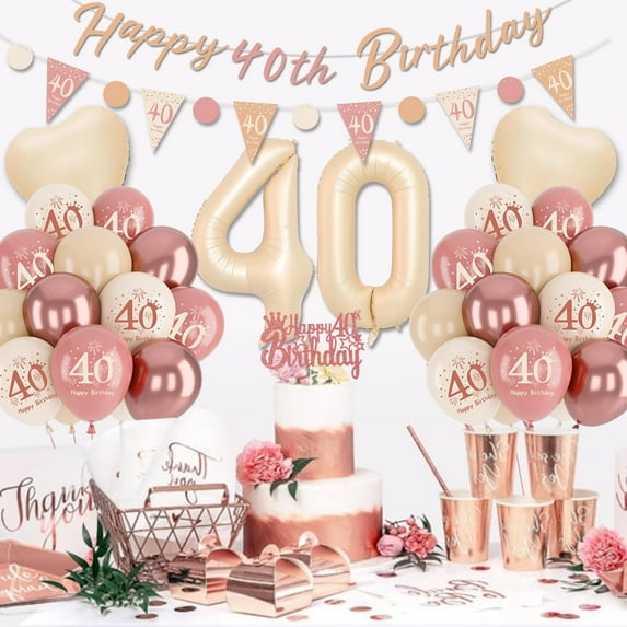 YANSION 40th Birthday Decorations for Women Lady, Retro Blush Pink Balloons, 40th Birthday Banner, Triangle Flag Banner, 40th Birthday Balloons, Rose Gold White Sand Nude Balloon Set