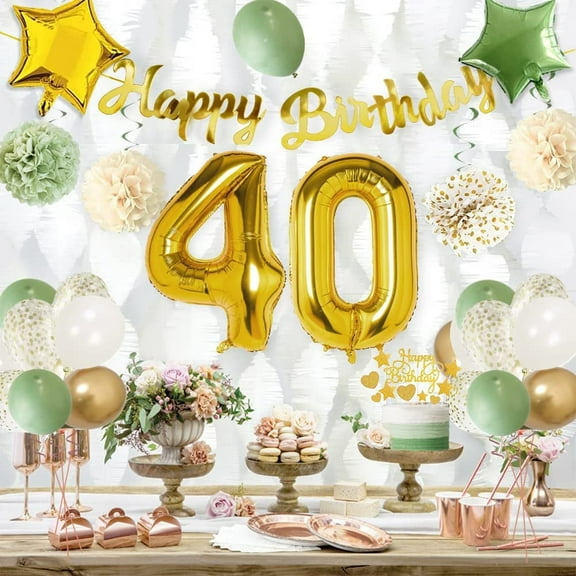 YANSION 40th Birthday Decorations for Women Men, 40th Green Gold Birthday Party Decoration with Number 40 Balloon Happy Birthday Banner Happy Birthday Cake Topper for 40th Birthday Party Decoration
