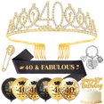 thumbnail image 1 of YANSION 40th Birthday Gifts Decorations for Her, Including 40th Happy Birthday Cake Toppers, Birthday Sash with Gold Brooch, Keyring, Rhinestone Tiara Crown and Balloons Set, Black Gold, 1 of 9
