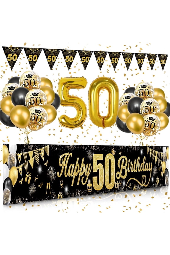50th Birthday Decor Men, Black Gold 50th Birthday Decor Kit Happy 50th Birthday Banners, Number 50 Balloons, Confetti Balloons, Triangle Flag Banner