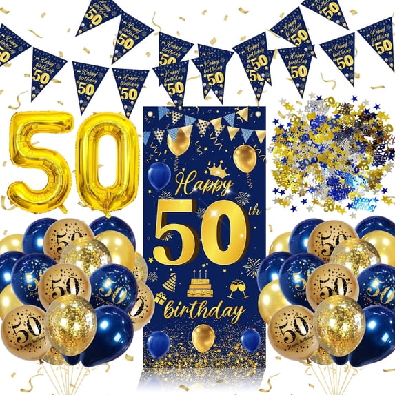 YANSION 50th Birthday Decorations, Navy Blue Gold 50th Party Balloons, Happy Birthday Backdrop Blue Gold Sign Poster 50th Anniversary Banner Photo Booth Background Banner for 50th Party Supplies