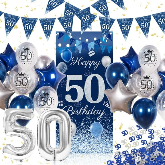 YANSION 50th Birthday Decorations Navy Blue and Silver Balloons Happy Birthday Banner Backdrop