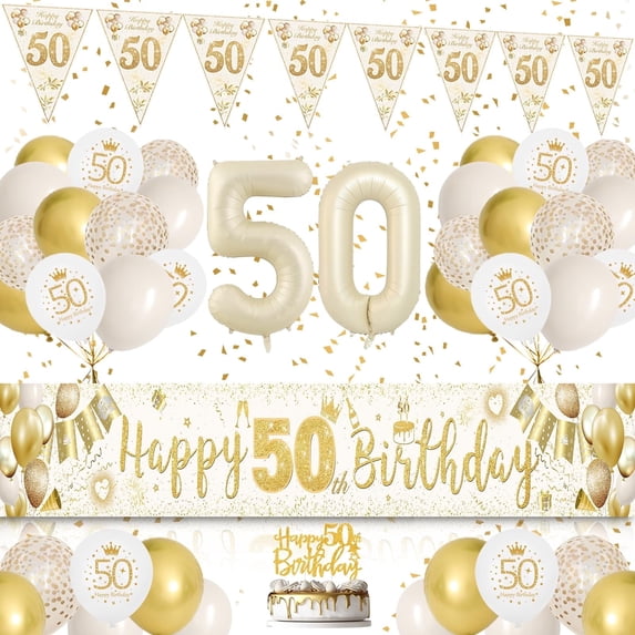 YANSION 50th Birthday Decorations, Sand White Gold 50th Happy Birthday Banner with Balloons, Men Women 50 Years Old Birthday Backdrop Yard Signs Fifty Birthday Decor Supplies