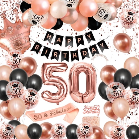 YANSION 50th Birthday Decorations Women, Rose Gold Black Decorations Set, 50th Balloons Happy Birthday Banner Confetti Balloon Lady Birthday Decorations 50th Party Decoration Supplies