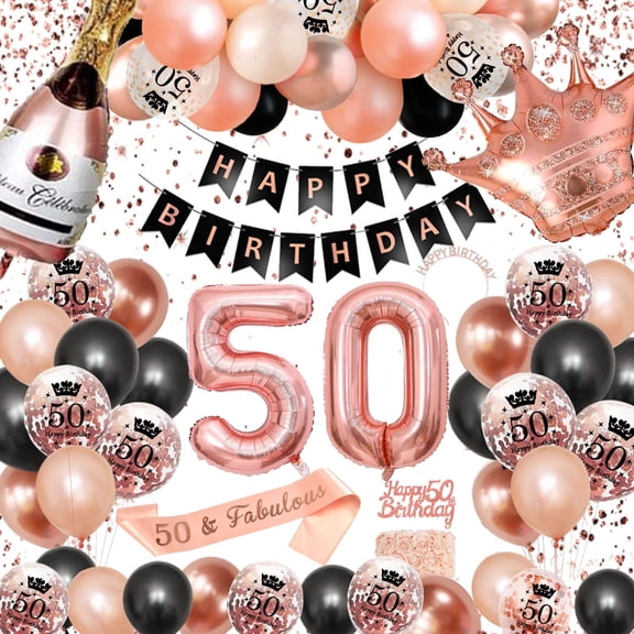 YANSION 50th Birthday Decorations Women, Rose Gold Black Decorations Set, 50th Balloons Happy Birthday Banner Confetti Balloon Lady Birthday Decorations 50th Party Decoration Supplies