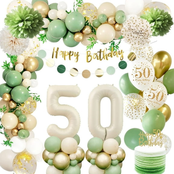 YANSION 50th Birthday Party Decorations for Women Men, Sage Green 50th Balloon Kit Include Happy Birthday Banner,Cake Topper and Beige Balloon Arch for Girl Lady 50 Birthday Party Supplies