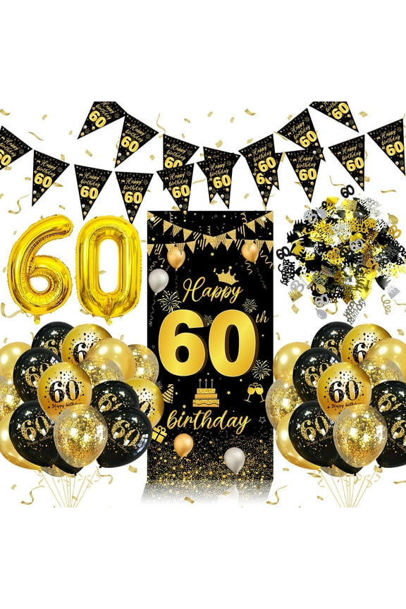 60th Birthday Decoration Balloons, Men Happy 60th Birthday Decoration Banner, Number 60 Balloons, Black Gold Theme Birthday Banner Backdrop Decoration Sign Poster Photo Booth Party Supplies