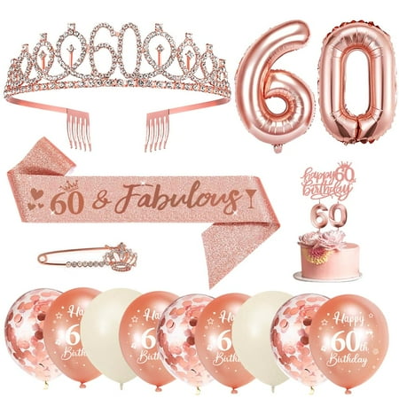 YANSION 60th Birthday Decorations for Women, Rose Gold 60th Birthday Sash and Tiara with Birthday Cake Topper and Number 60 Candles, Balloons, Rhinestone Brooch, 60th Birthday Gifts