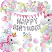 YANSION 65 Pack Unicorn Party Decorations for Girls, Happy Birthday Decors Pastel Balloon Garland Kit with Pink Triangle Banner Star Rainbow Unicorn Foil Balloons