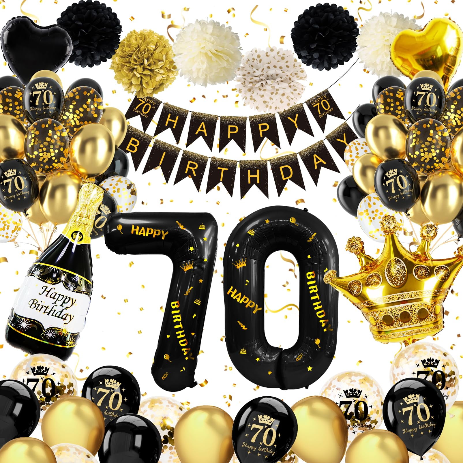 YANSION 70th Birthday Decorations, Black Gold 70th Birthday Balloons ...