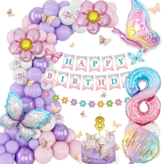 YANSION 8th Bir8th Birthday Decorations for Girls, Pink Purple Birthday Balloons for Seventeenth Birthday, Set With Butterfly Stickers, Butterfly Foil Balloons, Happy Birthday Banner, Number 7 Balloon