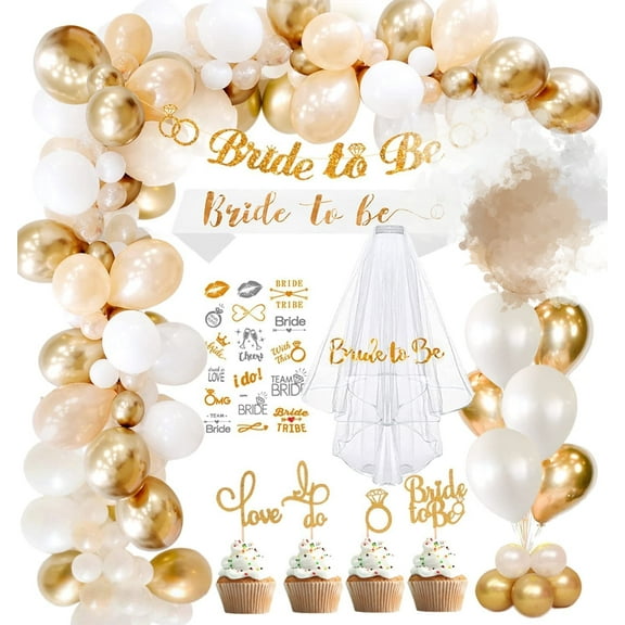 YANSION Party Decorations, 52pcs Bride to Be Party Supplies Kit with Sash, Veils, Banner, Cake Toppers, Temporary Tattoos & Gold Balloons for Bridal Shower Engagement Wedding Parties