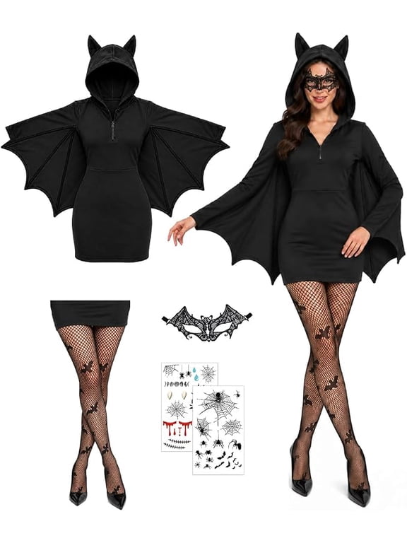 Women Bat Costume for Halloween , Fishnet Stockings, Black Lace Mask, Temporary Tattoos, Carnival, Cosplay Set, XL