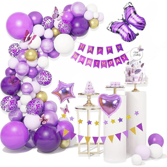 YANSION Birthday Decoration,Purple White Happy Birthday Banner Birthday Balloons Bunting Confetti Latex Balloons for Birthday Pastel Party Decorations for Girls Women with Butterfly Cake Decoration