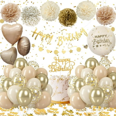 YANSION Birthday Decorations for Girls Women, Beige Birthday Party Decorations with Birthday Balloons, Happy Birthday Decorations Banner, Peper Pom Poms for Baby Boy Men Birthday Decorations