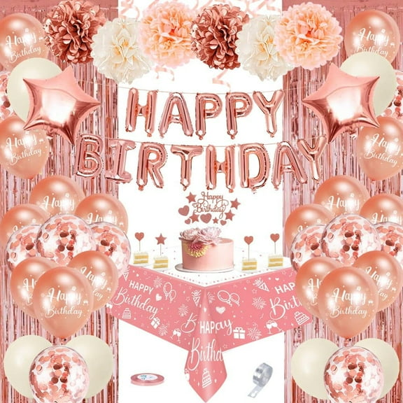YANSION Birthday Decorations Women Rose Gold, Beige Rose Gold Birthday Balloons with Happy Birthday Banner Tablecloth Curtain Pompom Confetti Balloons, Girl Birthday Decorations