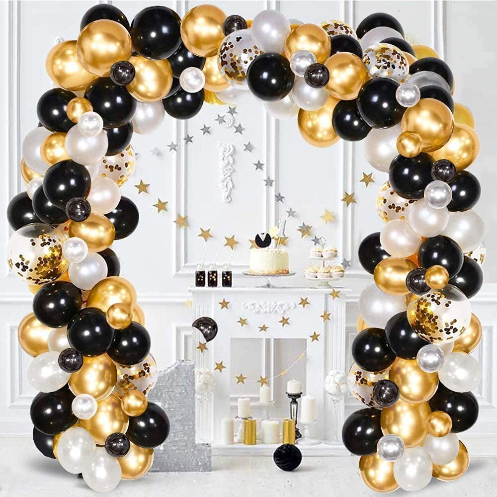 YANSION Black Gold Balloon Arch Kit, 100pcs Metallic Gold Black and White Balloon Garland Kit with Confetti Latex Balloons for Birthday Party, Wedding, Graduation, New Year, Anniversary, Retirement