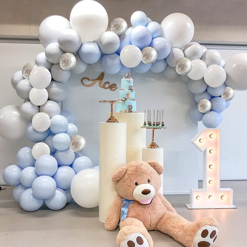 YANSION Blue Balloon Arch Kit, Balloon Arch Garland Kit, Macaron Blue White Gray Latex Party Balloon for Baby Shower, Wedding Birthday Party, Christening 1st Birthday Decorations Boys