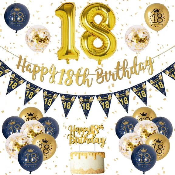 YANSION Blue Gold 18th Birthday Party Decorations, Happy 18th Birthday Pennant Banner, Metallic Gold Navy Blue Sequin Balloons Number 18 Balloon for Party Birthday Decorations