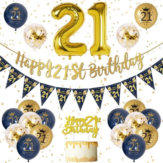 YANSION Blue Gold 21st Birthday Party Decorations, Happy 21st Birthday Pennant Banner, Metallic Gold Navy Blue Sequin Balloons Number 21 Balloon for Party Birthday Decorations