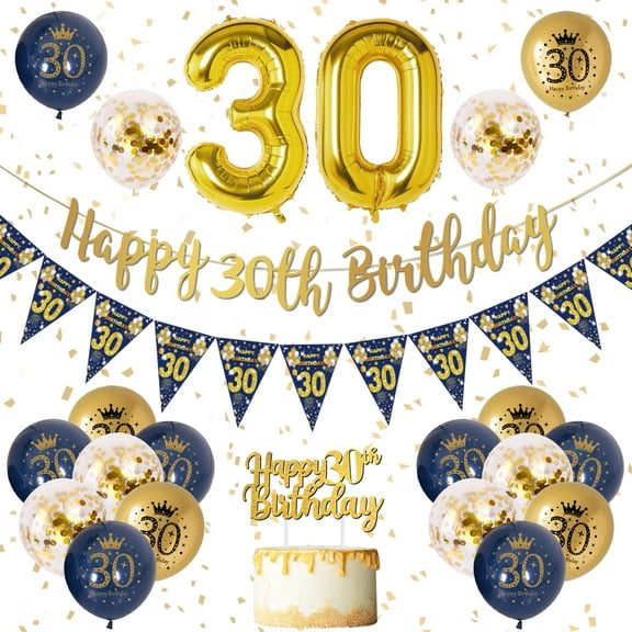 YANSION Blue Gold 30th Birthday Party Decorations, Happy 30th Birthday Pennant Banner, Metallic Gold Navy Blue Sequin Balloons Number 30 Balloon for Party Birthday Decorations