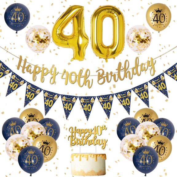 YANSION Blue Gold 40th Birthday Party Decorations, Happy 40th Birthday Pennant Banner, Metallic Gold Navy Blue Sequin Balloons Number 40 Balloon for Party Birthday Decorations