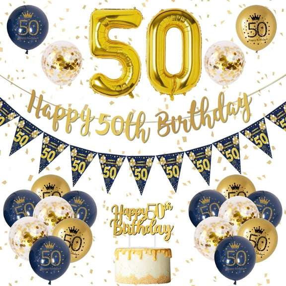 YANSION Blue Gold 50th Birthday Party Decorations, Happy 50th Birthday Pennant Banner, Metallic Gold Navy Blue Sequin Balloons Number 50 Balloon for Party Birthday Decorations