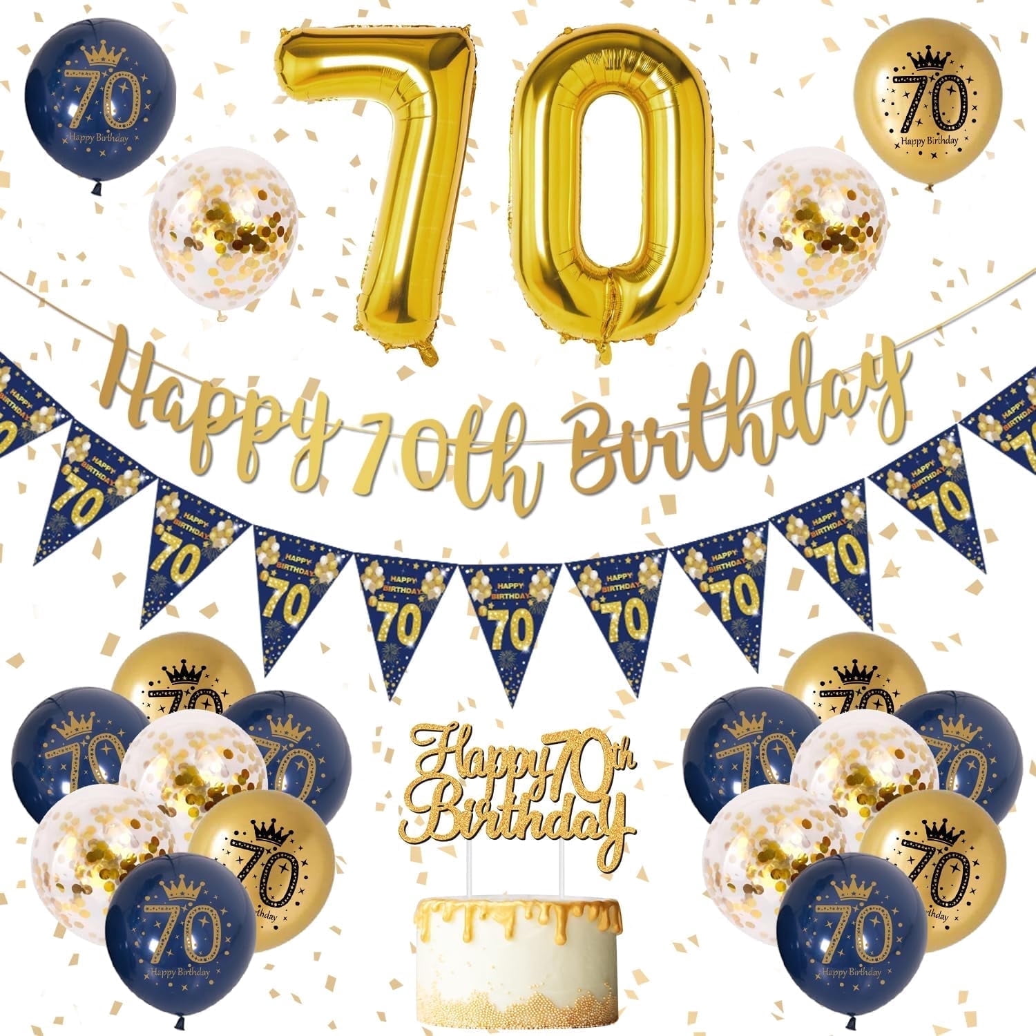 YANSION Blue Gold 70th Birthday Party Decorations, Happy 70th Birthday Pennant Banner, Metallic Gold Navy Blue Sequin Balloons Number 70 Balloon for Party Birthday Decorations