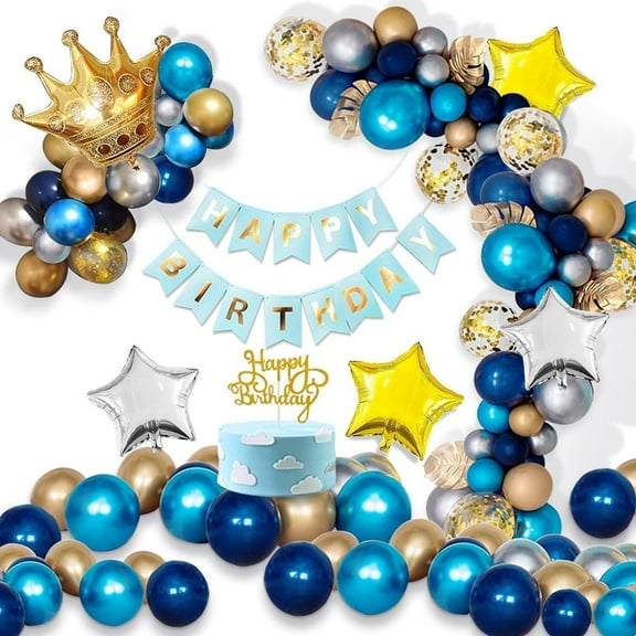 YANSION Blue Gold Birthday Balloons Decorations For Men Boys, Birthday Party Decorations Balloons Set with Crown, Latex, Confetti, Star, Banner