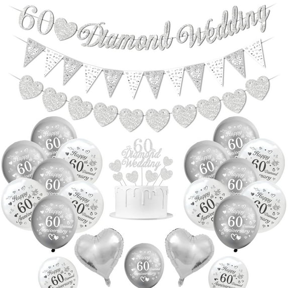 Diamond Wedding Decorations, 60th Wedding Anniversary Decorations 60 Diamond Wedding Banner Happy 60th Anniversary Balloons Silver White Balloons 60 Diamond Wedding Cake Topper