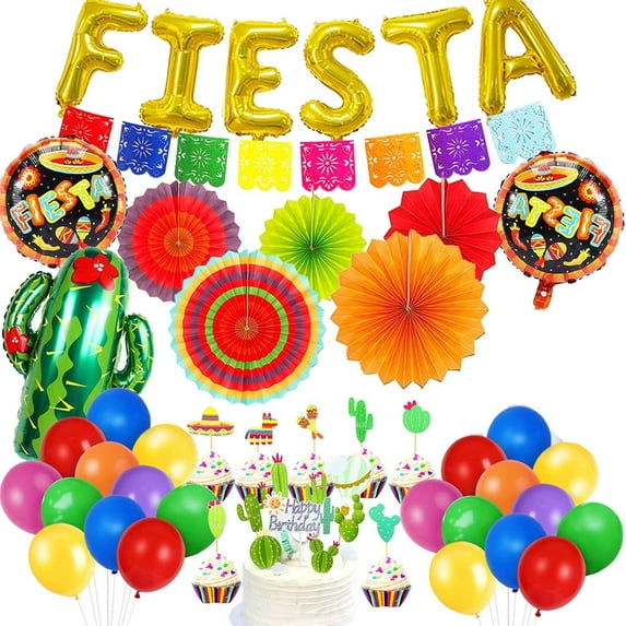 YANSION Fiesta Party Supplies, Multicolor Picado Banner Fiesta Cactus Alpaca Foil Balloons Paper Fan Pompoms Bunting Banner for Fiesta Mexican Cinco De Mayo Frida Kahlo Party Decorations