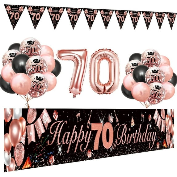 Yansion Grandma 70th Birthday Decorations for Grandmother, Women 70th Birthday Party Kit with Rose Gold Happy 70th Birthday Banner, Black Rose Gold Confetti Balloons, Number 70 Balloon Triangle Flag