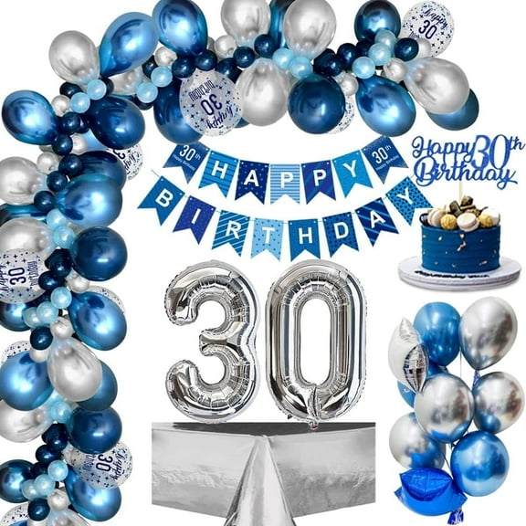 30th Birthday Decorations for Men, Navy Blue Silver Garland Kit Birthday Balloons Party Decorations with 30th Happy Birthday Banner