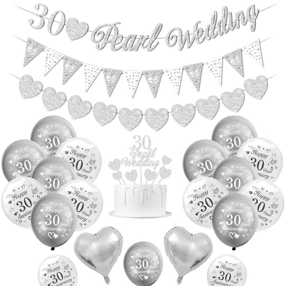 YANSION Pearl Wedding Decorations, 30th Wedding Anniversary Decorations 30 Pearl Wedding Banner 30 Pearl Wedding Cake Topper Happy 30th Anniversary Balloons Silver White Balloons Heart Balloons