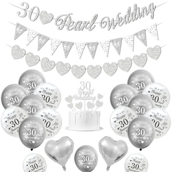YANSION Pearl Wedding Decorations, 30th Wedding Anniversary Decorations 30 Pearl Wedding Banner 30 Pearl Wedding Cake Topper Happy 30th Anniversary Balloons Silver White Balloons Heart Balloons