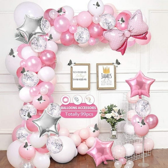 YANSION Pink Girl Balloons Garland Arch Kit, Princess Party Supplies Balloons, Pink Balloon White Silver Confetti Latex Balloons for Birthday Wedding Baby Shower Party Decorations Supplies