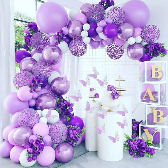 YANSION Purple Balloon Arch Kit, Purple White Balloons Garland Butterfly Latex Decoration Supplies Girls Baby Shower for Valentine's Day, Mother's Day Birthday Wedding Party Decorations