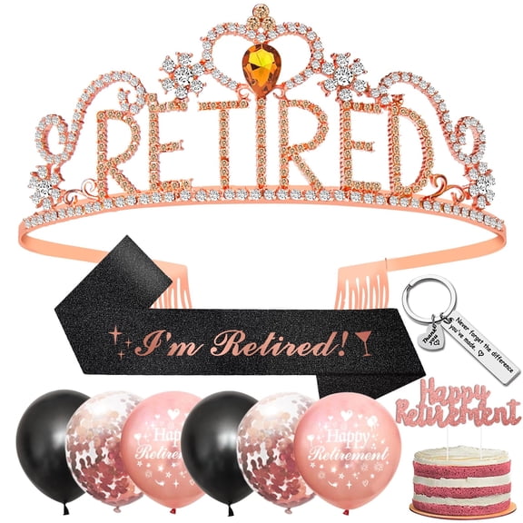 YANSION Retirement Gifts for Women, Retirement Decorations Retired Crown Crystal Tiara, I'm Retired Sash, Black Rose Gold Happy Retirement Balloons, Cake Topper for Retirement Party Leaving Gifts