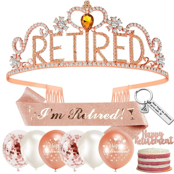 YANSION Retirement Gifts for Women, Retirement Decorations Rose Gold Retired Crown Crystal Tiara, I'm Retired Sash, Happy Retirement Balloons, Cake Topper for Retirement Party Leaving Gifts