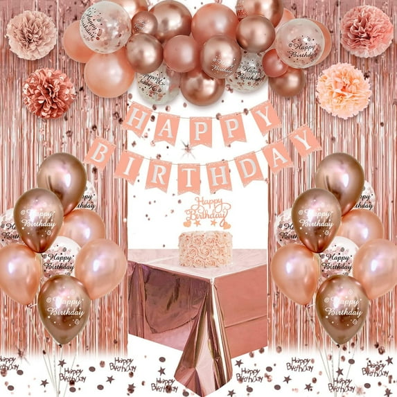 YANSION Rose Gold Birthday Party Decorations for Women Girls, Rose Gold Balloons Happy Birthday Banner Tablecloth Paper Pom Poms Foil Fringe Curtain for Women Rose Gold Party Supplies