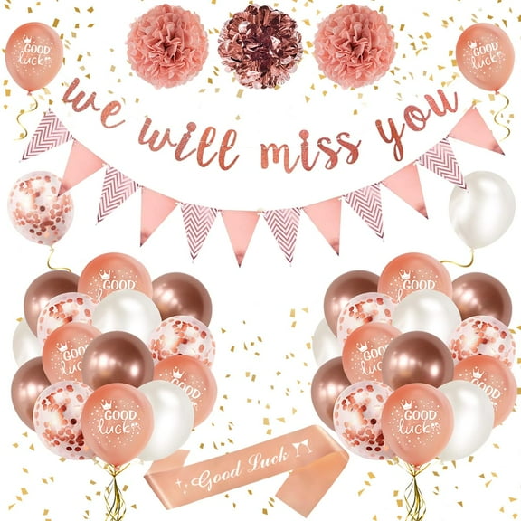 YANSION Rose Gold We Will Miss You Banner Party Decorations with Good Luck Balloons Rose Gold Triangle Flag Banner Confetti Balloons for Retirement Graduation Leaving Party Going Away Farewell Party