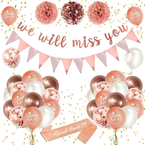 YANSION Rose Gold We Will Miss You Banner Party Decorations with Good Luck Balloons Rose Gold Triangle Flag Banner Confetti Balloons for Retirement Graduation Leaving Party Going Away Farewell Party