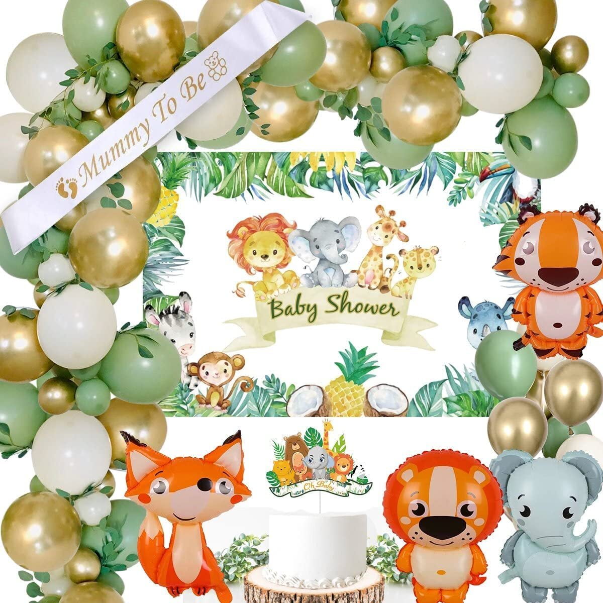 YANSION Sage Green Baby Shower Decorations for Boy with Safari Balloon Garland Arch Oh Baby Backdrop Jungle Neutral Greenery Gender Reveal Baby Girl Boy 1st Birthday Party Supplies
