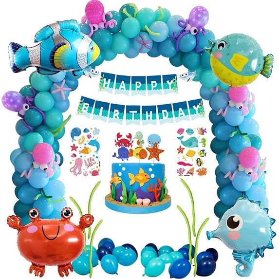 YANSION Under the Sea Birthday Party Decorations, Sea Animals Balloons with Clownfish Blowfish Hippocampus Crab Animal Foil Balloons Happy Birthday Banners, Ocean Theme Birthday Decorations for Kids