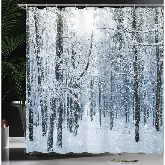 YANSION Shower Curtain Halloween Christmas Winter Snow Forest Shower Curtain, White Trees Woods Rustic Nature Scene Bath Curtains Set,Polyester Fabric Bathroom Decor