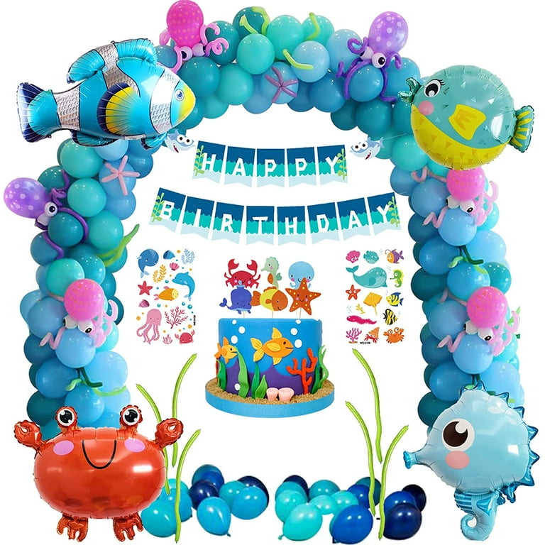 Under The Sea Birthday Party Decorations, Sea Animals Balloons with Clownfish Blowfish Hippocampus Crab Animal Foil Balloons Happy Birthday Banners