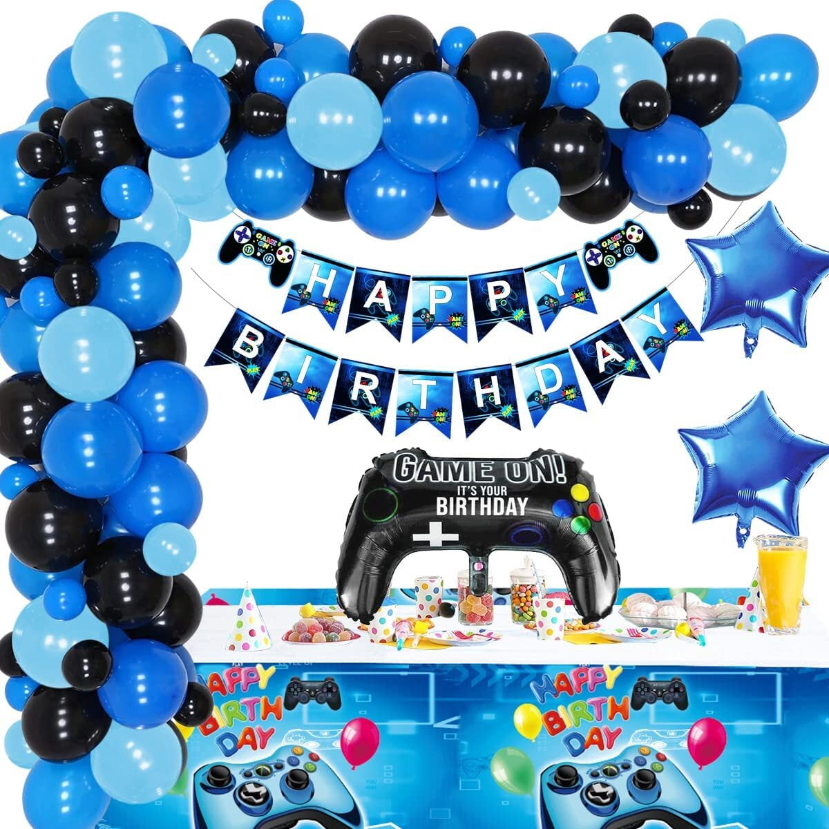 58 Pcs Game Birthday Decorations,Included Banner,Tablecloth,Hanging Swirls,Cake Topper,Cupcake Toppers,Backdrop,Balloon,Game Tableware Set for Boy