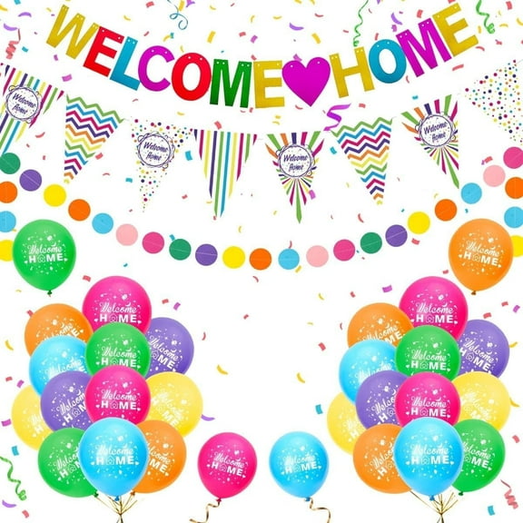 YANSION Welcome Home Decorations, Welcome Home Banners and Balloons Set, Multicolor Welcome Home Glitter Banner, Pennant Flag Bunting, Welcome Home Confetti Balloons for Home Family Decorations