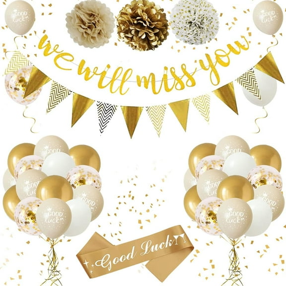 We Will Miss You Banner, Gold Sand White Party Decorations with Good Luck Balloons Triangle Flag Banner Confetti Balloon for Retirement