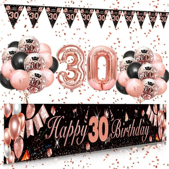 YANSION Women 30th Birthday Decorations, Black Rose Gold Happy 30th Birthday Yard Banner, 30th Happy Birthday Balloons for Girlfriend Sister Wife 30th Anniversary Birthday Party Supplies